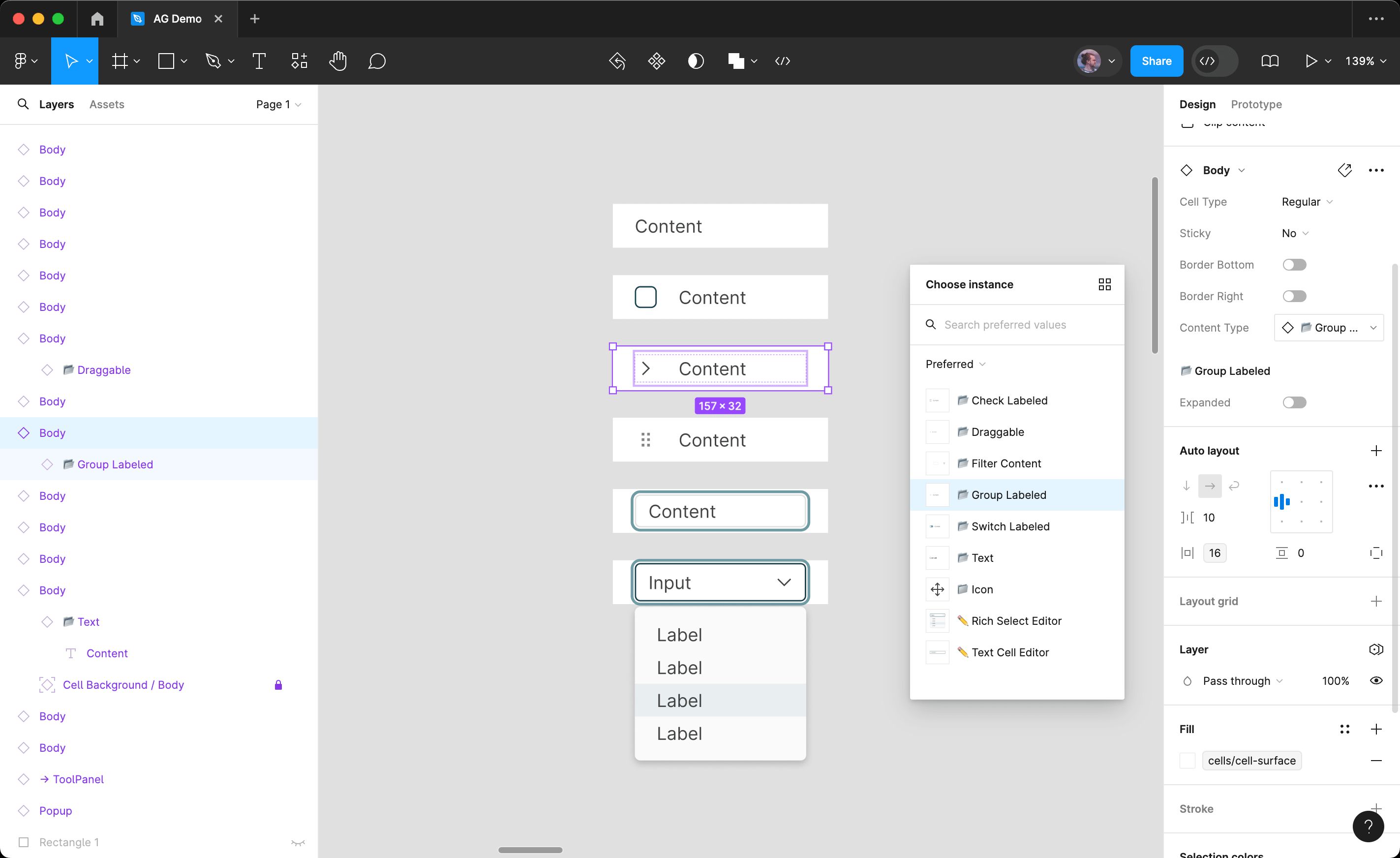 Instance swap properties are used for all the different cell content components and thanks to nested properties their properties are still easy to swap.